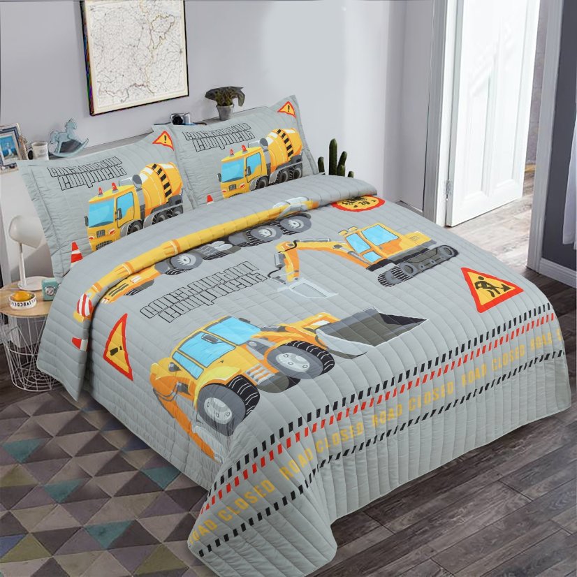 Children Digital Printed Bedspreads A12 Kids Excavator 3-Piece Quilt Bedding Set
