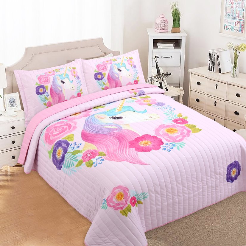 Children Digital Printed Bedspreads A09 Unicorn Kids Quilt 3pcs Bedding Set